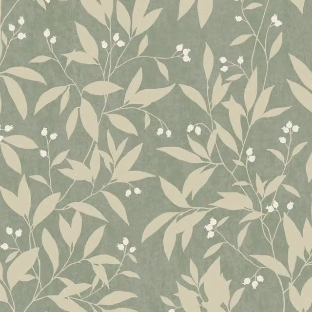 Grandeco Mikaya Rose Hip Sprig Blown Vinyl Wallpaper in Green, Gold and White