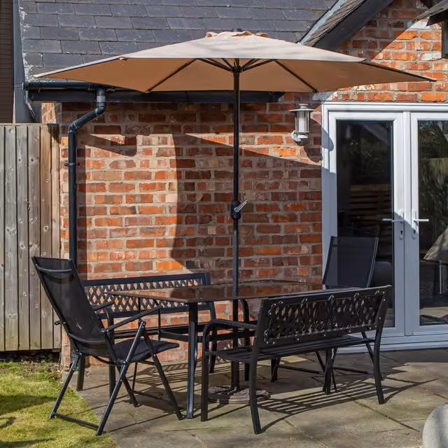 Samuel Alexander 6 Person Glass Top Dining Set with Benches, Chairs, Parasol and Base in Black and Beige