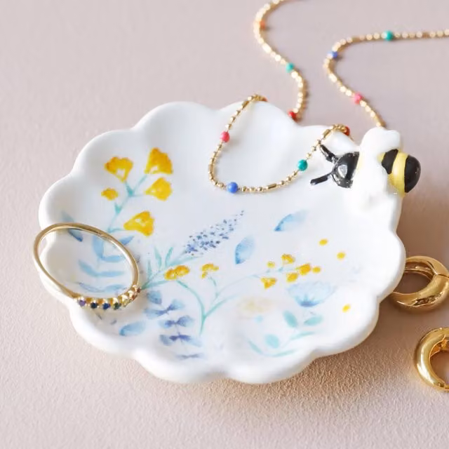 Lisa Angel Ceramic Floral Bee Trinket Dish in White, Blue and Yellow