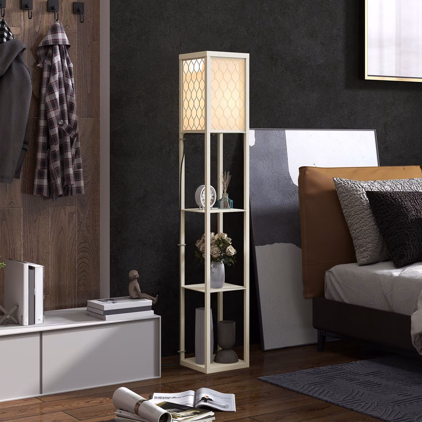 HOMCOM Modern Three-Shelf Standing Floor Lamp in White and Wood with Fabric Shade and Pull Chain, H 160 x W 26 x D 26 cm – 2