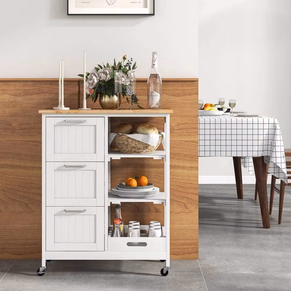 KORVIXA White Utility Cart with Lockable Wheels and Wood Top, W/D/H: 100 x 6 x 83.5 cm – 4
