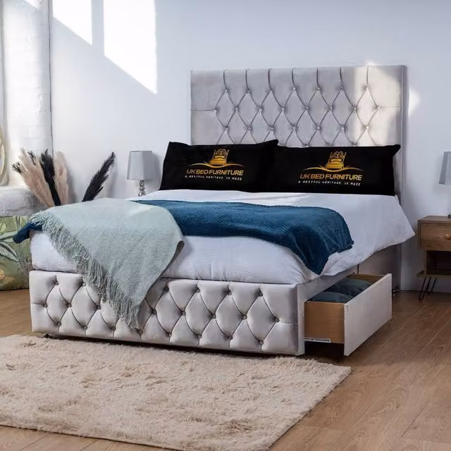 UK Bed Furniture Monaco Super King Divan Bed with 4 Drawers and 26 Inch Headboard in Silver Velvet Fabric