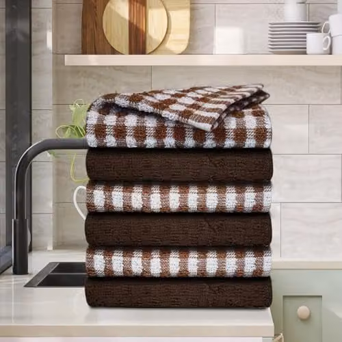 Casabella Pack of 6 Terry Cotton Kitchen Tea Towels in Brown and Blue – 8