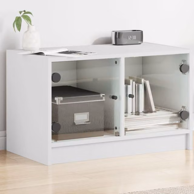 Berkfield Home TV Cabinet with Glass Doors in White, W/D/H: 68 x 37 x 42 cm – 1