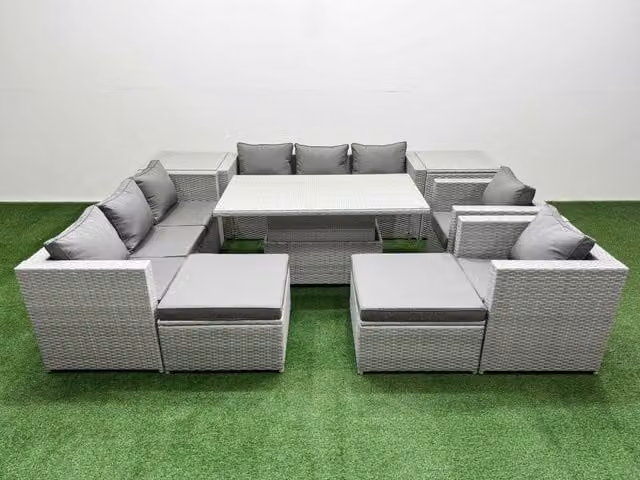 Fimous 9 Piece Rising Dining Table Set with 3 Seater Sofa in Light Grey Polyrattan and Glass