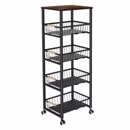 Levede Black Metal Stackable Wire Storage Baskets and Multi-Layer Kitchen Organiser Cart with Wheels and Pull-Out Drawer, H 108 x W 48 x D 28 cm