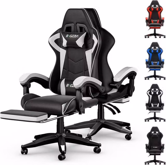 Gartistgo Ergonomic Gaming Chair in Black with Headrest, Foot Ring and Armrests – 1