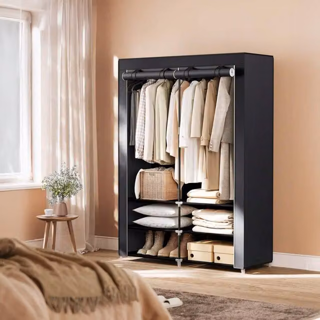 SONGMICS Fabric Wardrobe with Hanging Rod and Internal Shelves, Black, W/D/H: 45 x 45 x 176 cm