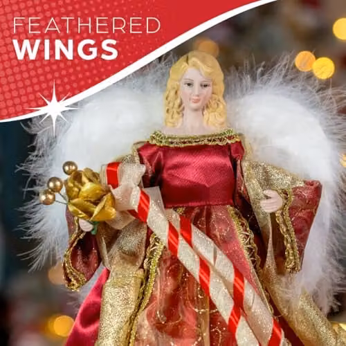 The Christmas Workshop Angel Christmas Tree Topper in Red and Gold, Height: 30.48 cm – 6