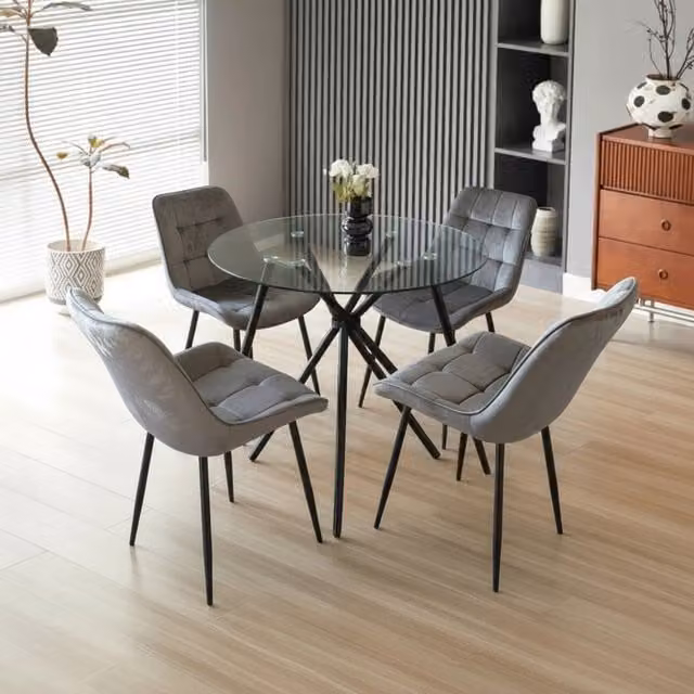 Madefor.living New York Round Glass Dining Table and Erica Velvet Chairs Set in Grey