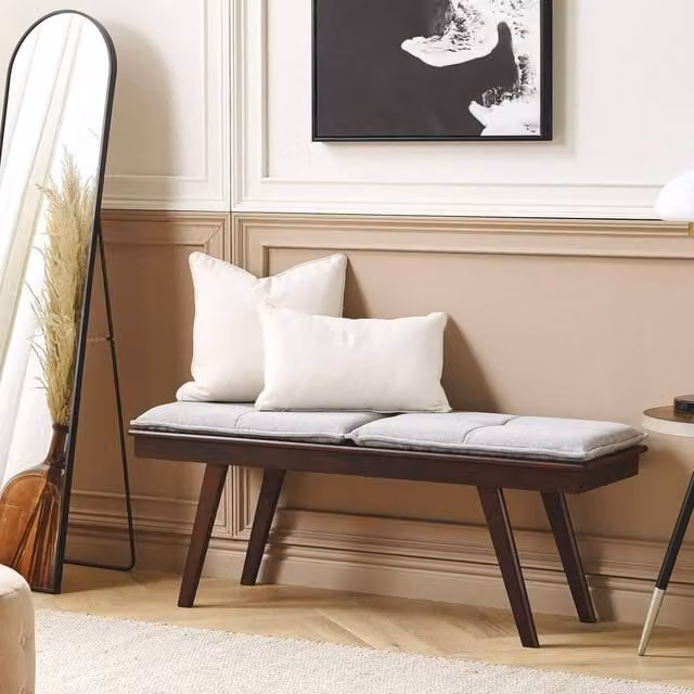 Wyld and Coco Retro Hallway Bench in Brown Wood with Rubberwood Legs, W/D/H: 116 x 37 x 44 cm – 1