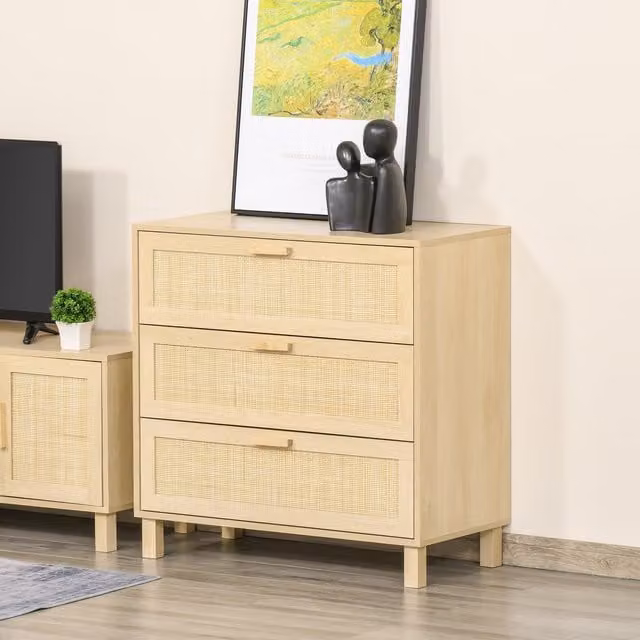 HOMCOM Scandinavian 3 Drawer Freestanding Storage Cupboard and Sideboard Organiser in Brown Wood and Rattan – 1
