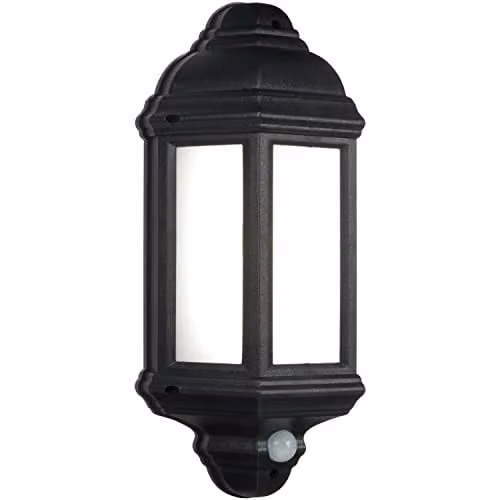 Loops Traditional IP44 Wall Lantern Light with PIR and Dusk Sensor, 7W Cool White LED, Matt Black