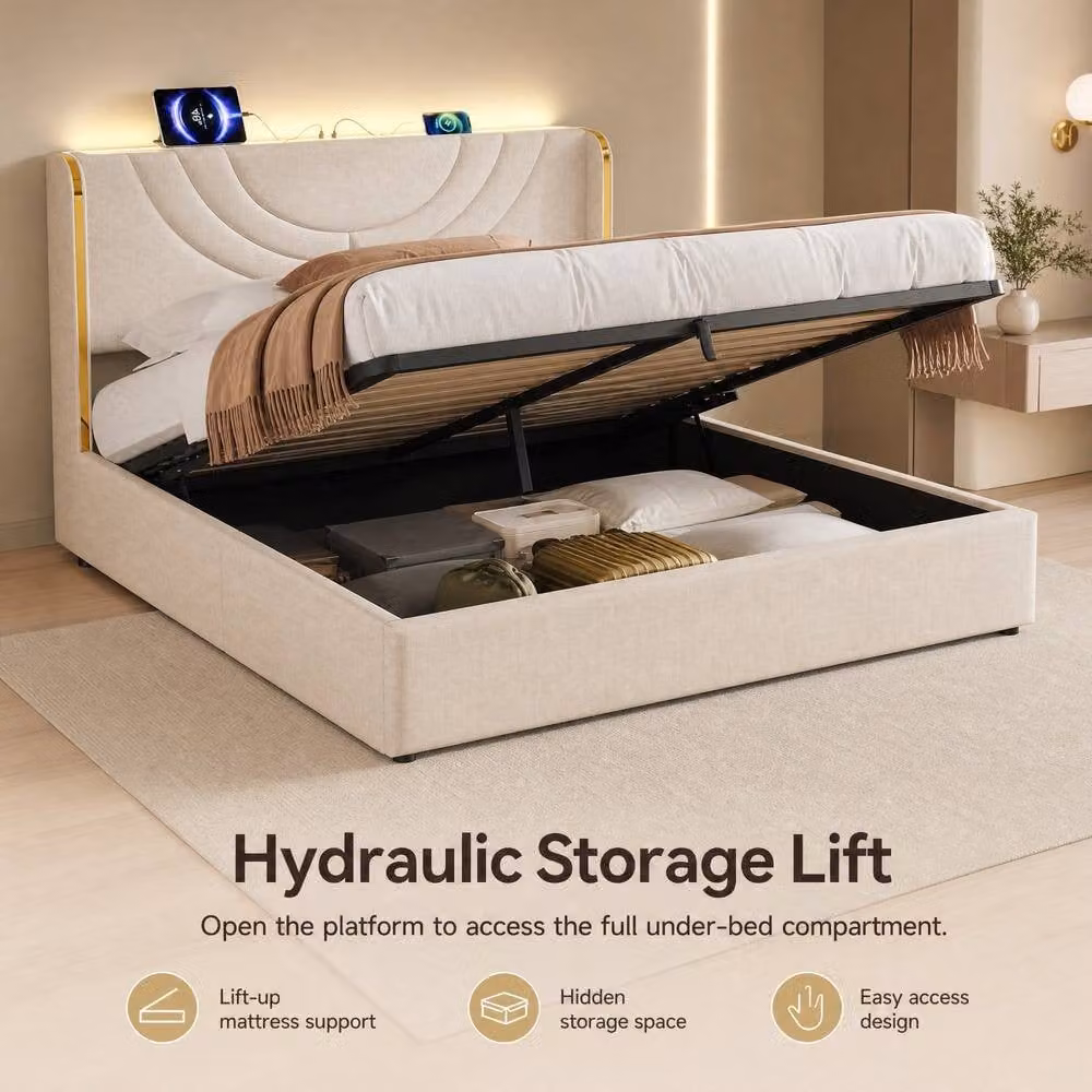 STILVORA King Size Fabric Bed Frame in Beige with Hydraulic Lift-Up Storage, LED Headboard and USB Charging Port, W/D/H: 180 x 200 x 108 cm – 3