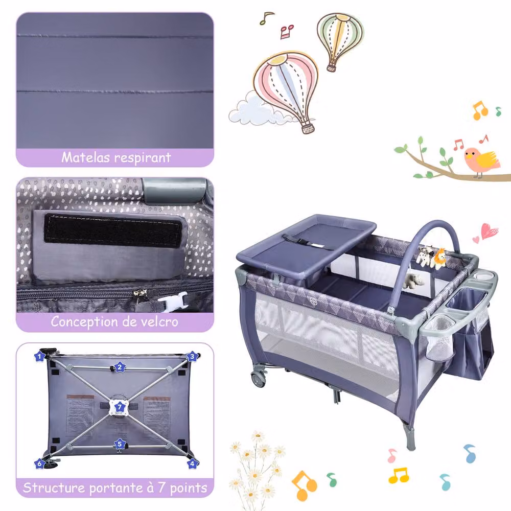 Costway 3 in 1 Foldable Travel Cot, Baby Crib and Playard with Bassinet in Grey – 5
