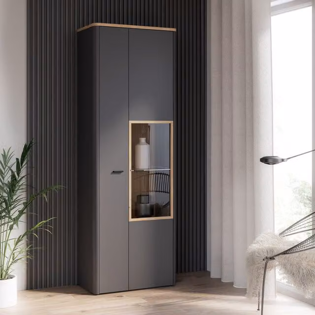 Furniture To Go Klara Tall Display Cabinet in Grey with Glass Doors and Soft-Close Hinged Doors