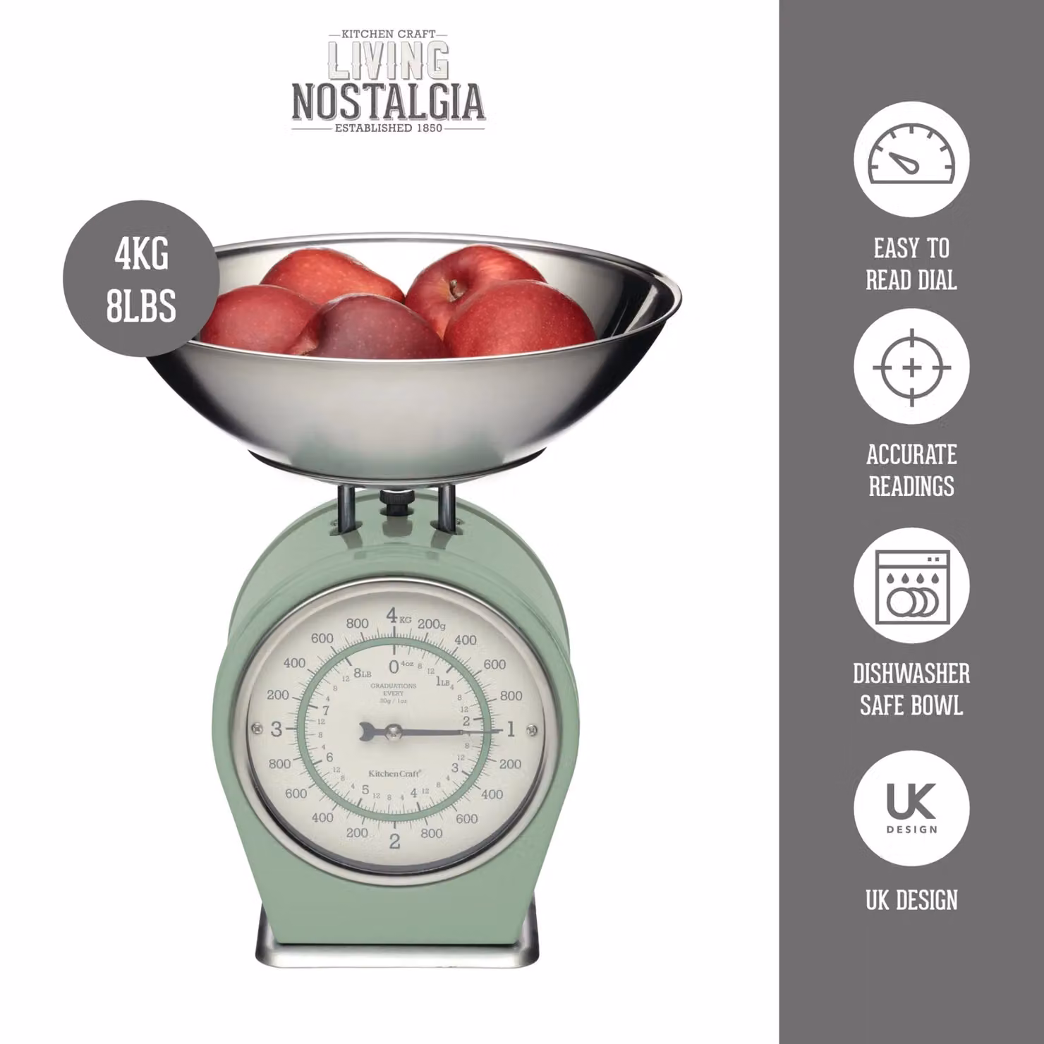Living Nostalgia Sage Green Manual Mechanical Kitchen Scales with Stainless Steel Analog Display – 4