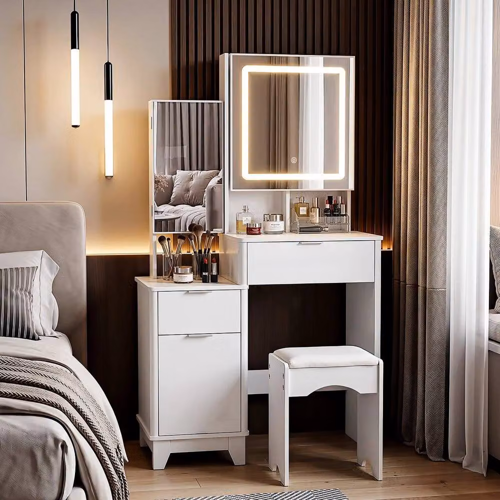 FORGEVIO Modern White Dressing Table Set with LED Hollywood Mirror and Stool – 2