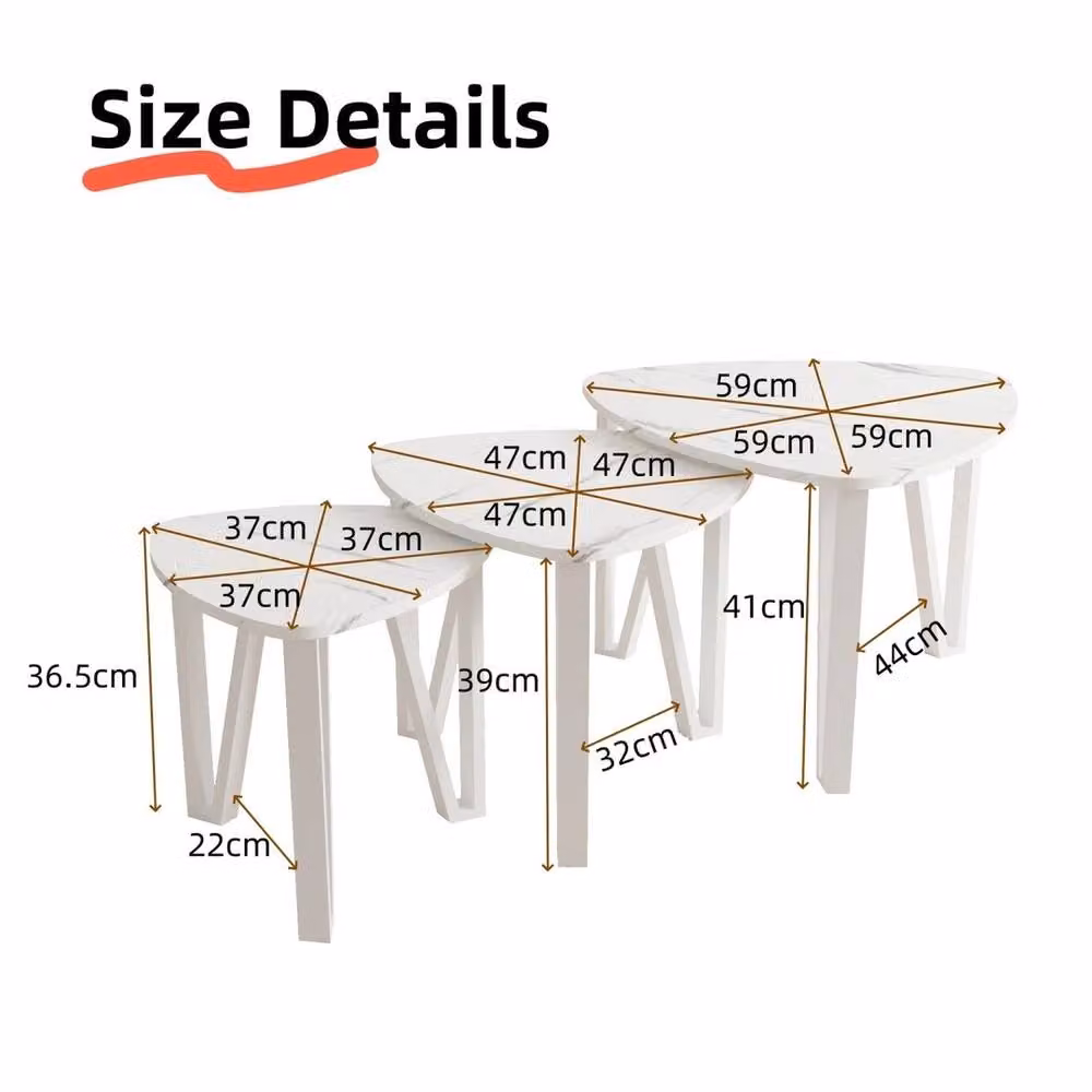 VOGREX Set of 3 Modern Triangular Nested Side Tables with White Marble Effect Tops and White Frames – 2
