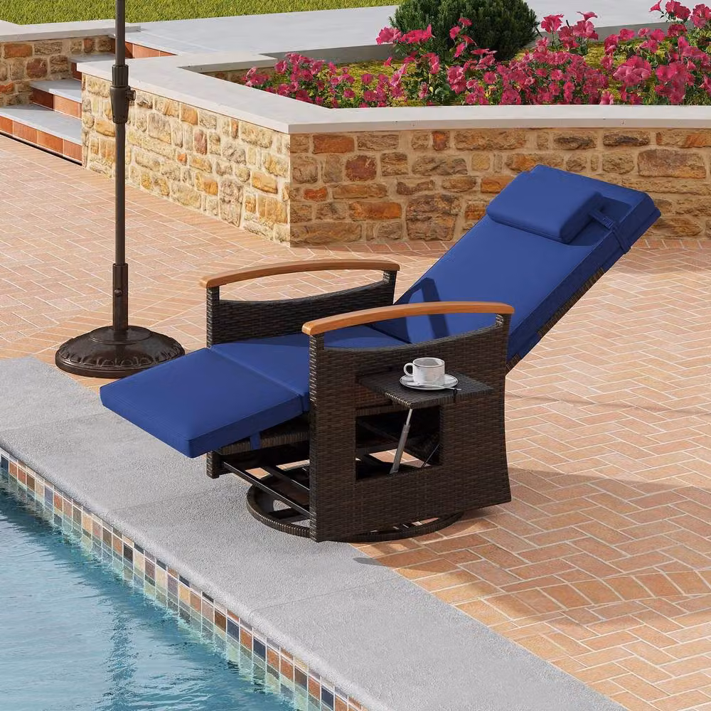 Gymax 360 Swivel Wicker Lounge Chair with Flip Side Table and Adjustable Headrest in Blue – 3