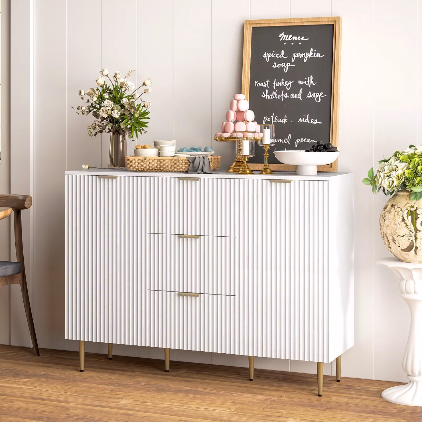 HOMCOM Modern White Sideboard Buffet Cabinet with 3 Drawers and Adjustable Shelves – 2