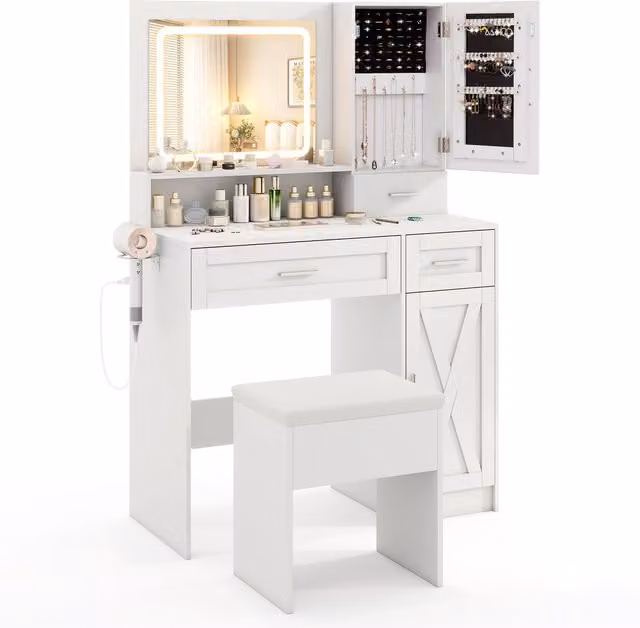COSTWAY Hollywood LED Dressing Table and Stool Set in White