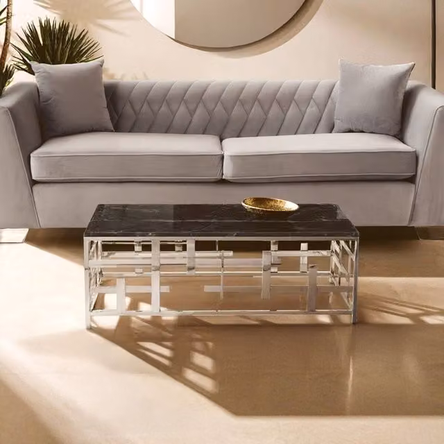 Orsina Geometric Black Marble Rectangular Coffee Table with Silver X-Frame – 2