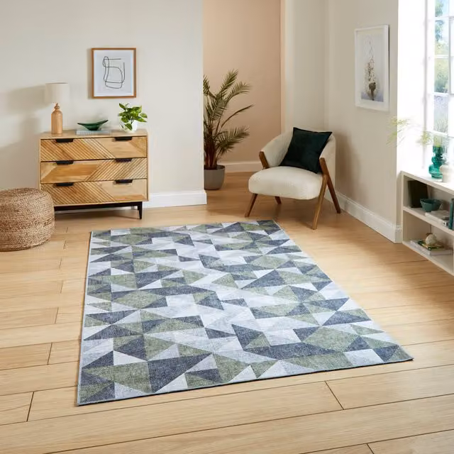Terrys Modern Geometric Flat Weave Rectangular Rug in Green and Grey