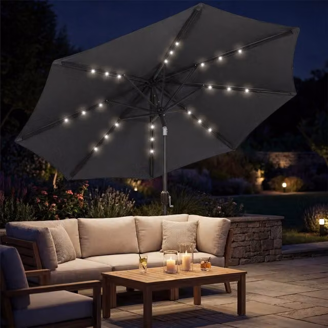 Outsunny Black Garden Parasol Umbrella with Solar Light and UPF 50+ Protection