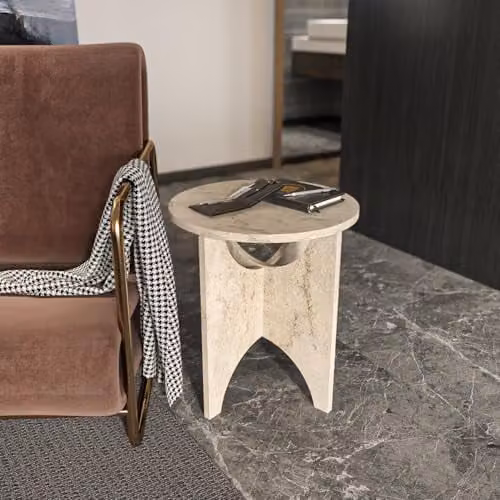 Decorotika Merit Round Side End Table in Beige Stone with Matt Finish, W/D/H: 45 x 45 x 50 cm