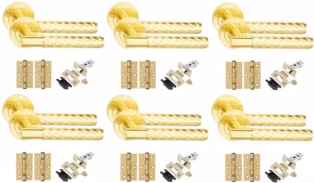 Golden Grace Knurled T-Bar Door Handle Set with Diamond Cut, Ball Bearing Hinges and Latch, Brass, 6 Pack