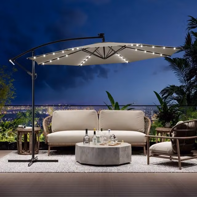 Breeins Beige LED Patio Umbrella with Crank Lift and Polyester Canopy for Outdoor Garden Use