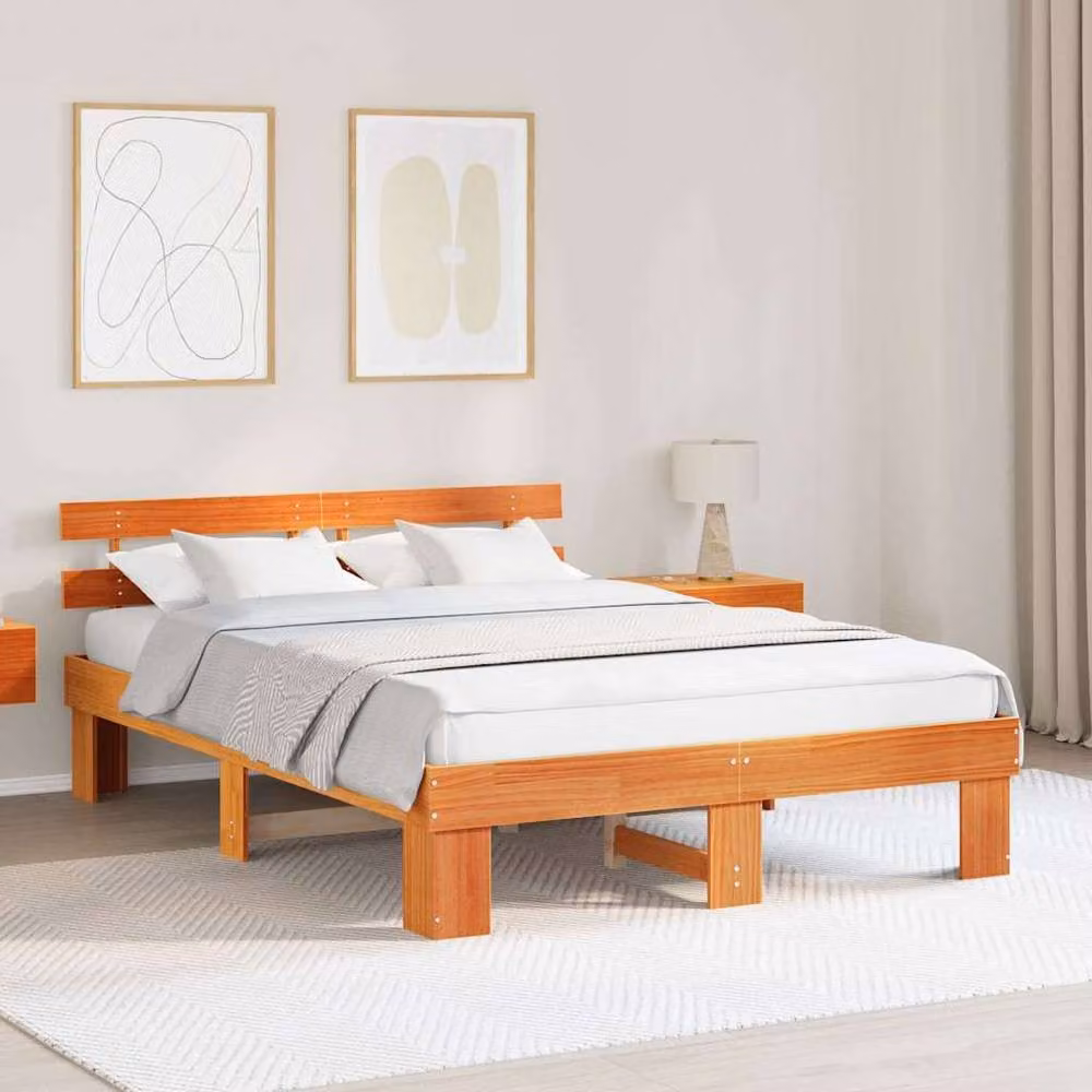 Berkfield Home Solid Wood Pine Bed Frame with Headboard in Wax Brown, W/D/H: 160 x 200 x 73 cm – 2