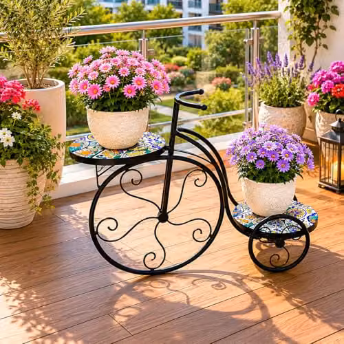 SHATCHI Mediterranean Mosaic Tricycle Plant Stand with Geometric Metal Tile Top, H 65 x W 26 x D 65 cm – 8