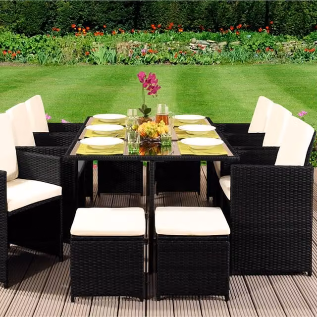 Comfy Living 11 Piece Modern Cube Rattan Garden Furniture Set in Black