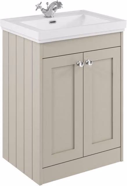 Balterley 600mm Floor Standing 2 Door Bathroom Unit with Classic Basin and 1 Tap Hole in Pebble Grey