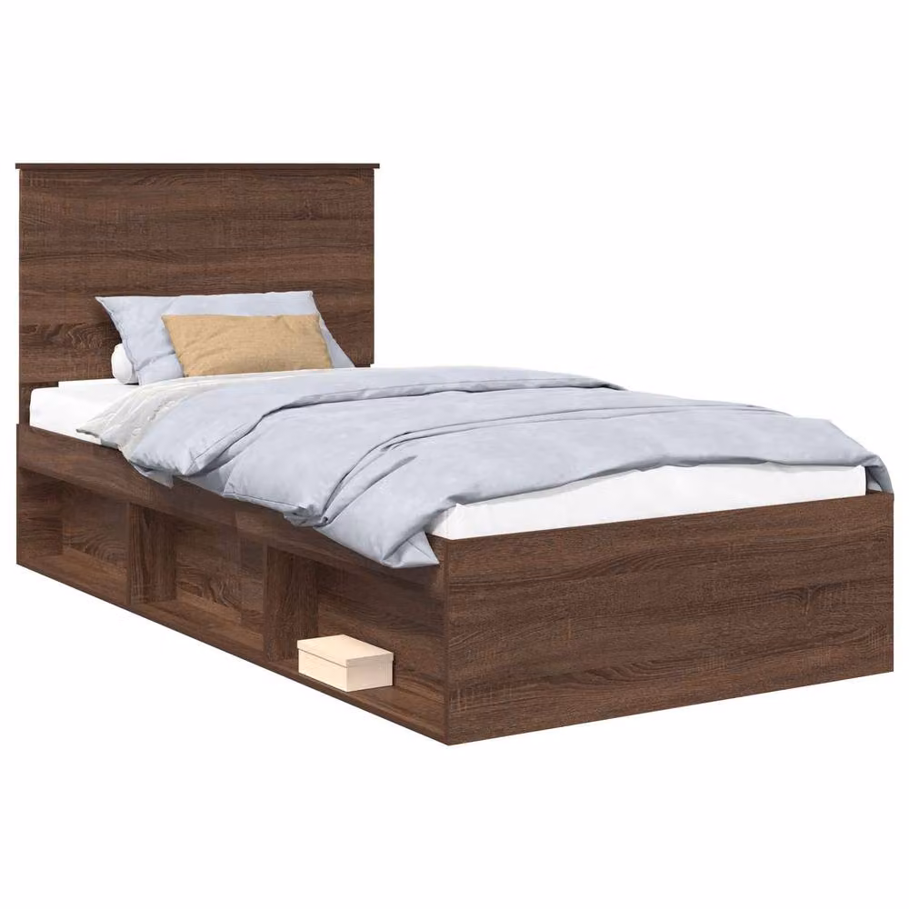 Berkfield Home Bed Frame with Headboard in Brown Oak and Solid Pine Wood, W: 100 cm, L: 200 cm – 2