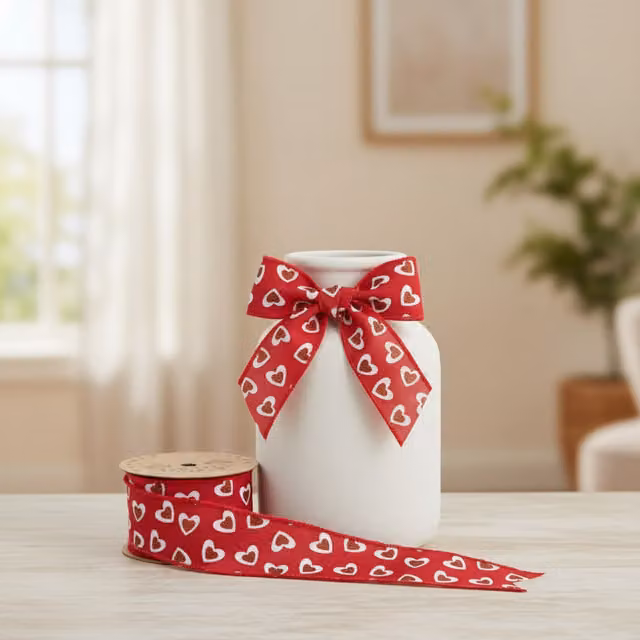 Kingsbury Gifts Red Sparkly Heart Wire Edged Decal Ribbon, 10m x 60mm