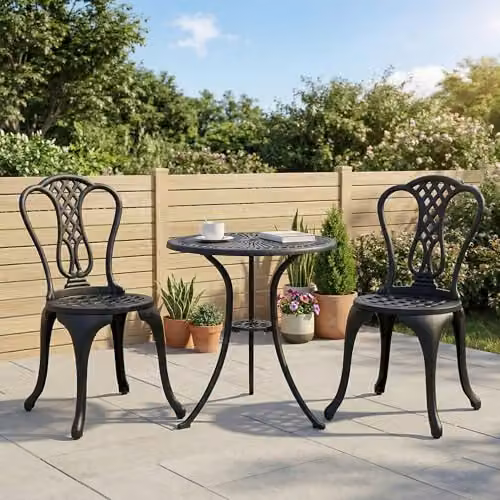 Outsunny 3 Piece Shabby Chic Cast Aluminium Bistro Set in Matt Black with Floral Design – 2
