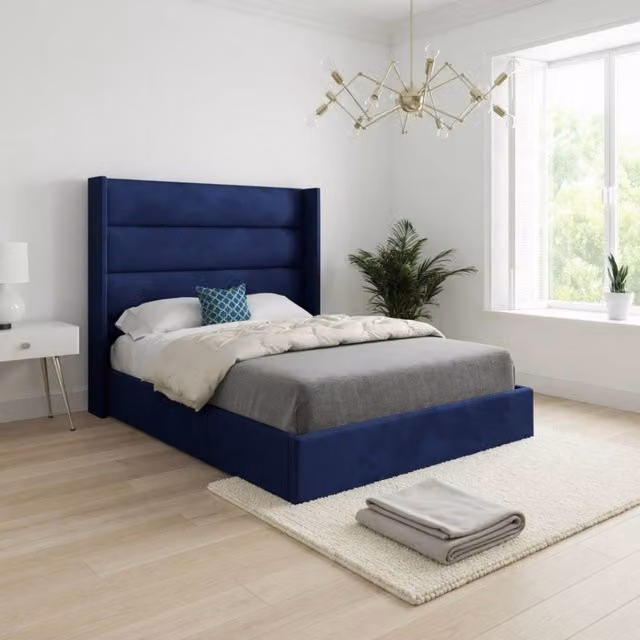 KDMD Shipbourne Winged Upholstered Designer Bed Frame in Blue Soft Velvet, Single – 1