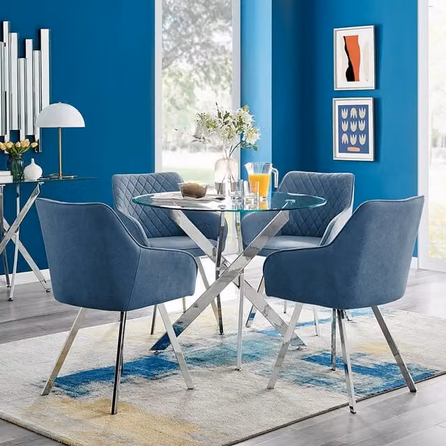 FurnitureboxUK Novara Round Glass Dining Table and 4 Falun Silver Leg Chairs in Blue – 1