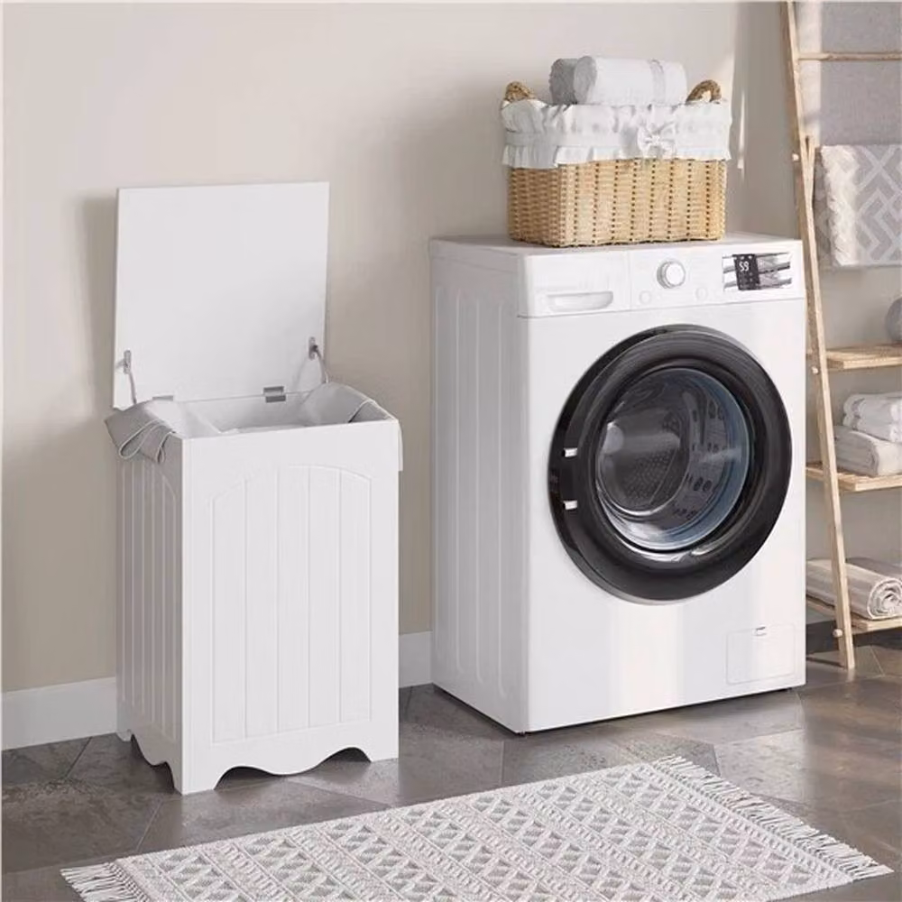 Kelvenix White Wooden Free Standing Bathroom Storage Unit with Lid and Handles W: 39.5 cm, D: 39.5 cm, H: 61.0 cm – 2
