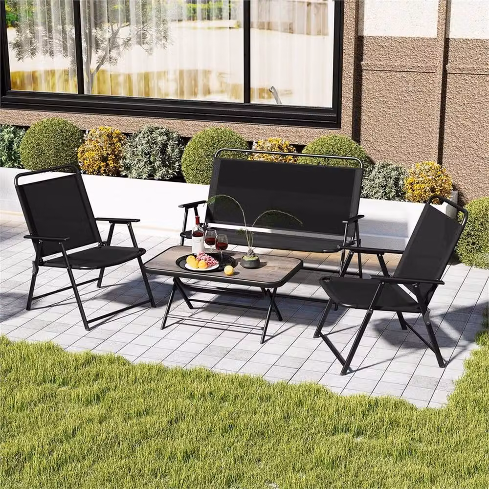 NESTLUNE Modern Outdoor Conversation Furniture Set in Black with Upholstered Cushions and Metal Frame, W/D/H: 100 x 100 x 100 cm – 2