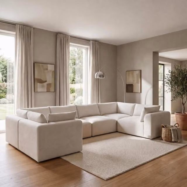 Furniturebox UK Drift 5 Seater U-Shaped Modular Corner Sofa in Cream Boucle Fabric
