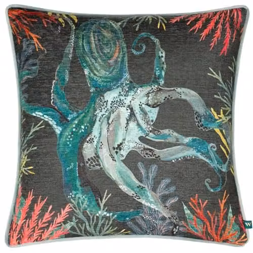Wylder Tropics Abyss Octopus Chenille Decorative Cushion in Blue, Grey and Multicolour, W/D/H: 43 x 43 x 43 cm