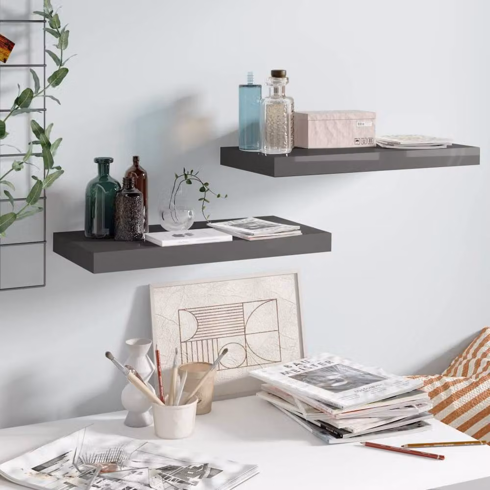Berkfield Home Floating Wall Shelves, 2 Piece Set, High Gloss Grey, W: 50 cm, D: 23 cm, H: 3.8 cm – 2