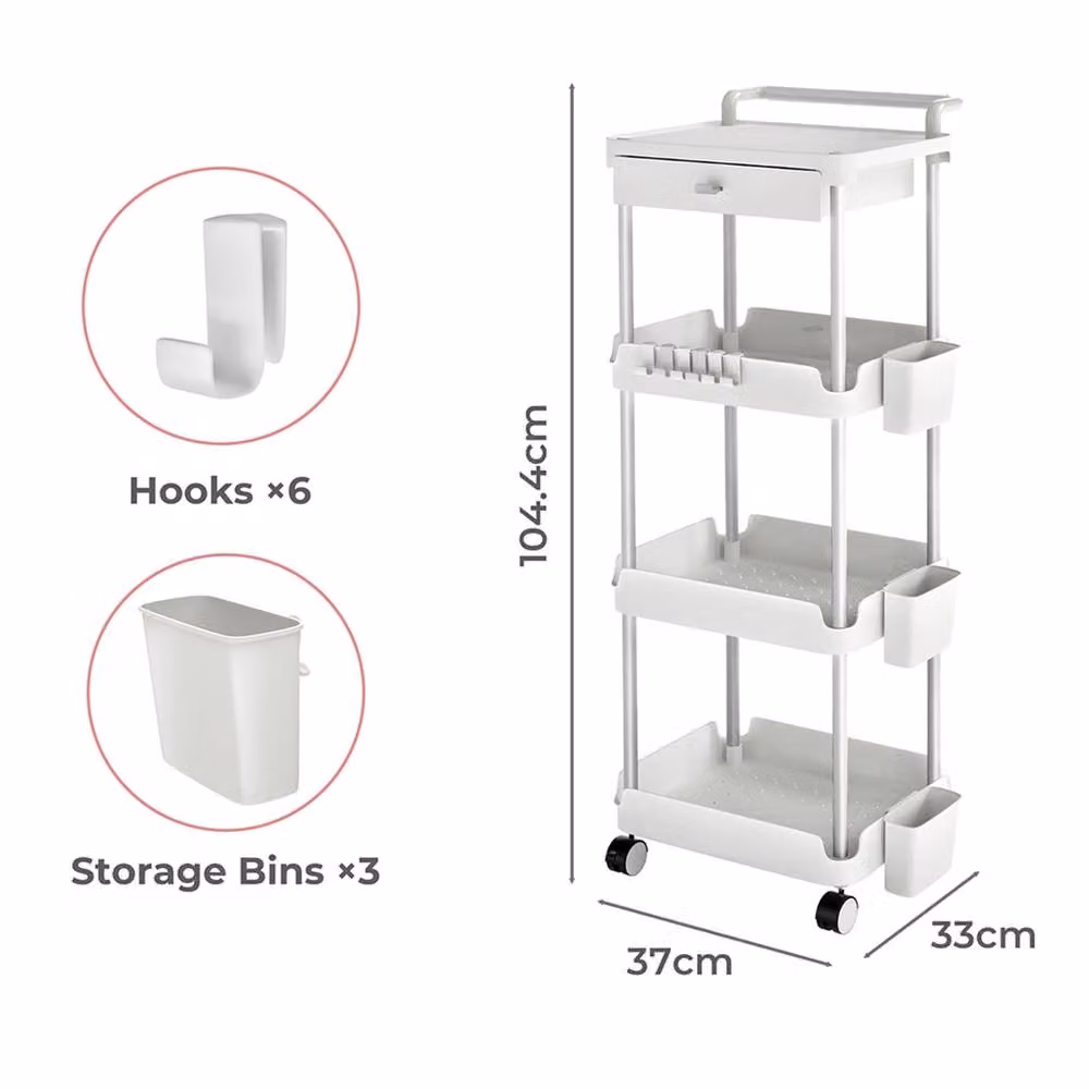 Kelvenix Modern Metal 4 Tier Storage Trolley on Wheels in Matt White, H 104.4 x W 37.0 x D 33.0 cm – 2