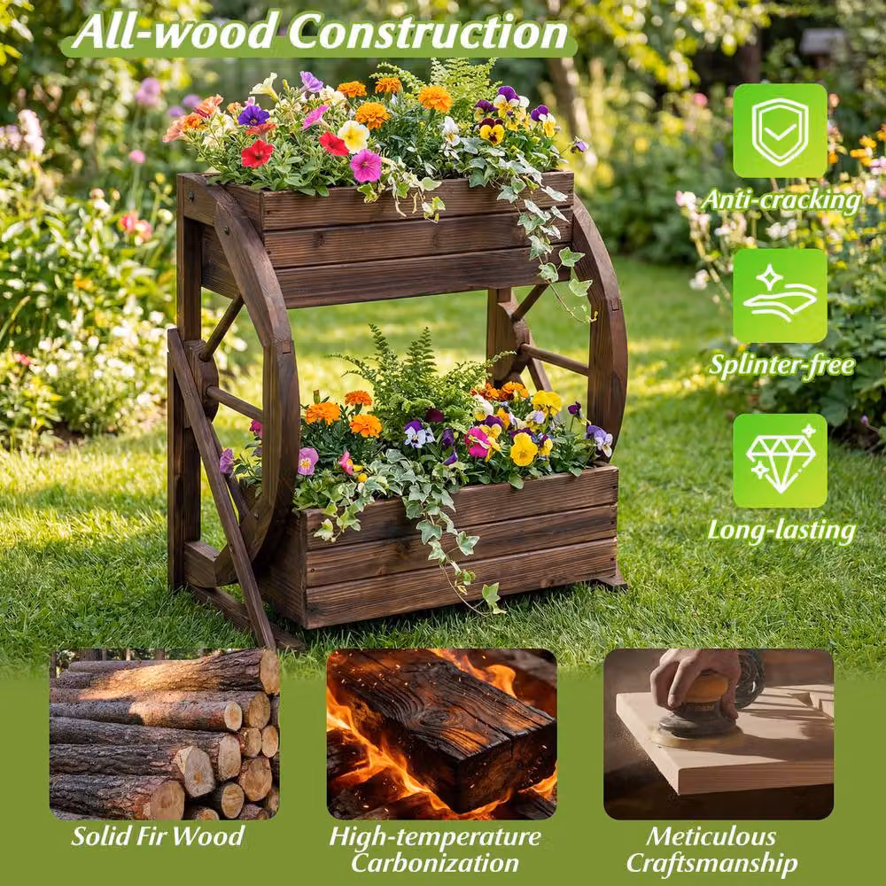 Costway 2-tier Rustic Wood Wagon Planter Raised Garden Bed with Drainage Holes in Brown – 6