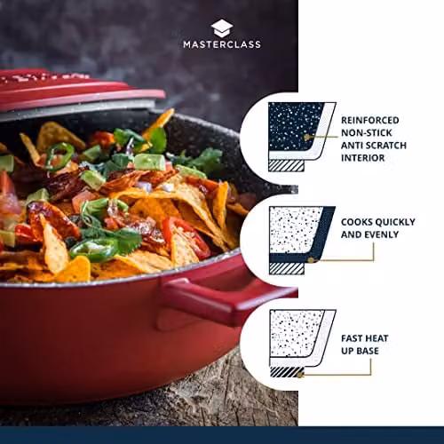 MasterClass Shallow Casserole Dish with Lid, Non-Stick Red Aluminium and Stainless Steel Casserole Pan, 4 l – 3