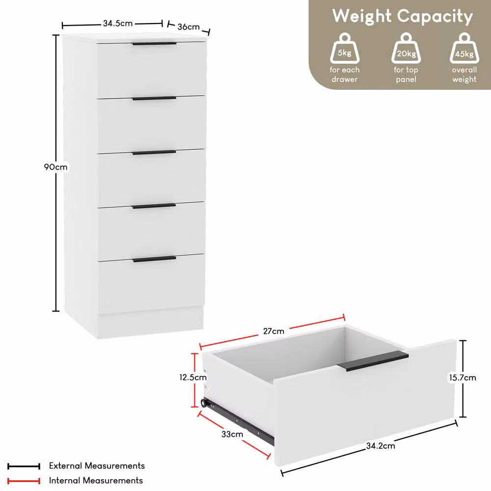 Vida Designs Trega 5 Drawer Narrow Chest of Drawers in White – 2